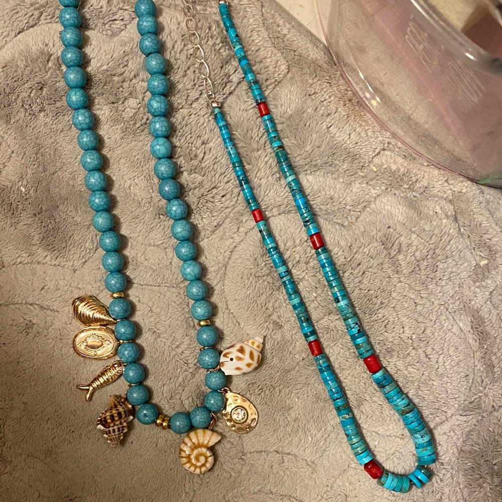New 2 Faux Turquoise and Red Beaded Necklace with Shell Charms